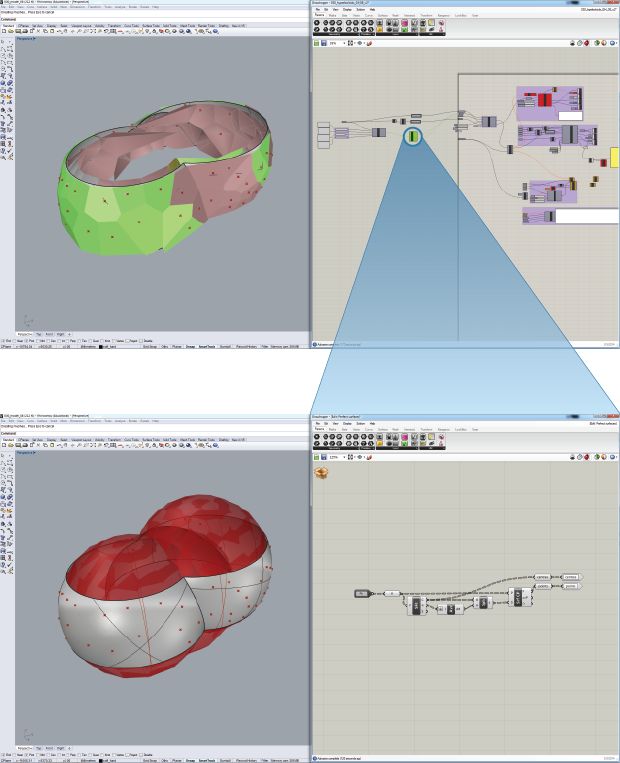 Figure 49: A cluster in Grasshopper (a model used in chapter 7 for the FabPod). Top: The full parametric model with the cluster in its most abstract form. Bottom: Opening the cluster to reveal the operations it encapsulates, however, opening the cluster also hides the rest of the model, which impedes the model’s visibility and juxtaposability.