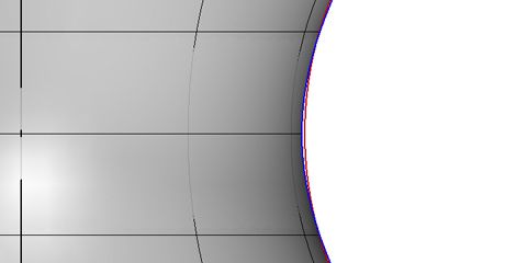 In a section through a hyperboloid you can see the difference between an interpolated hyperboloid (red) and an accurate one (blue). The difference is visually minor but fairly severe in a practical sense.