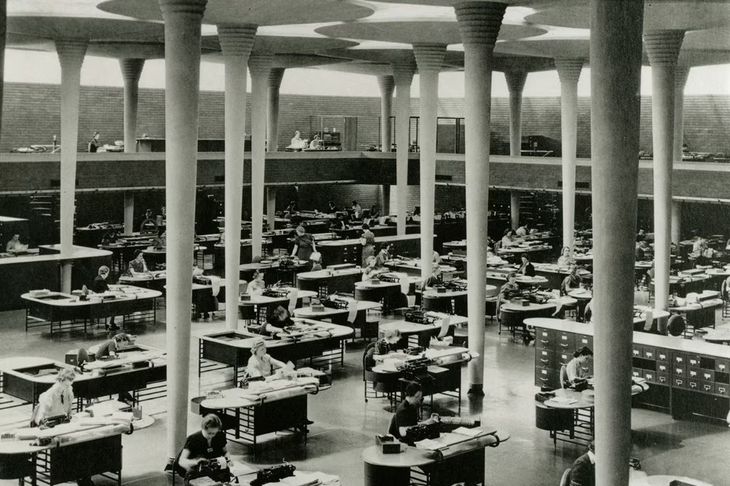 Interior of Johnson Wax Building by Frank Lloyd Wright