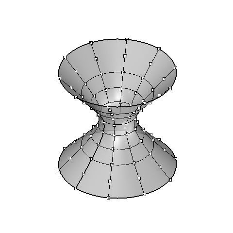 These points were positioned using the hyperboloid formula. The surface was then interpolated through the points to generate the hyperboloid. While the points are accurate, the surface is still not entirely precise.