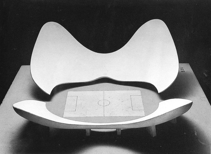 A model of stadium N by Luigi Moretti. Exhibited at the 1960 Parametric Architecture exhibition at the Twelfth Milan Triennial. The stadium derives from a parametric model consisting of nineteen parameters (Bucci and Mulazzani 2000, 114).