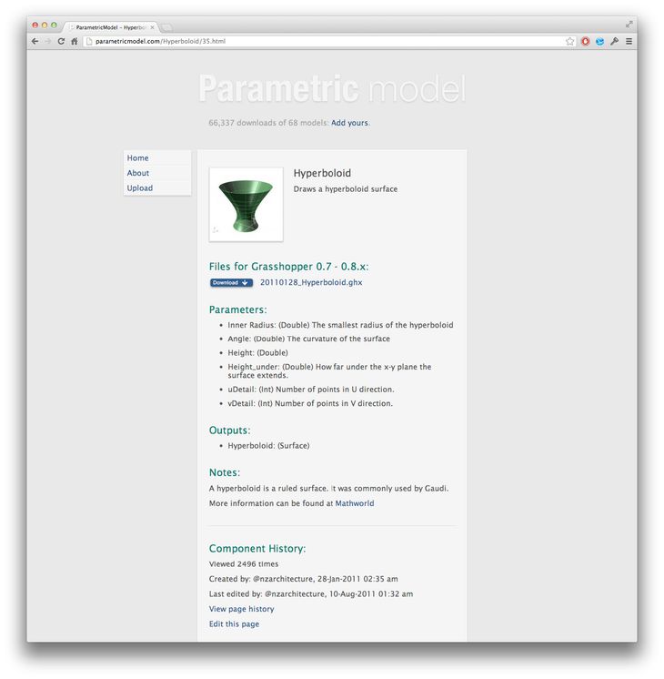 Figure 56: T he hyperboloid module download page. Like documentation that comes with many programming languages, the download page details what the module does, the parameters it requires, and the outputs it produces.