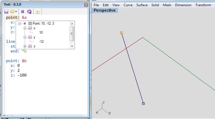 Figure 67: Clicking on the word point: in the code produces a window allowing the designer to inspect all the properties and parameters of the point. At the same time, the selected code and the corresponding geometry are highlighted in orange.