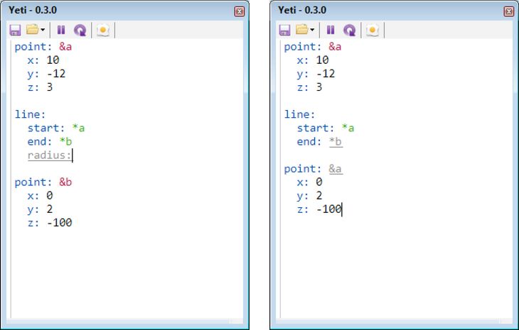 Figure 65: Errors in Yeti are coloured grey and underlined. In both of these examples, Yeti continues to function even though there are errors in the code. Left: Radius is not a valid parameter for a line, so it is marked as an error. Right: Since there is no key named &b, the pointer *b is marked as an error; and because there are two keys named &a, the second one is highlighted as an error.